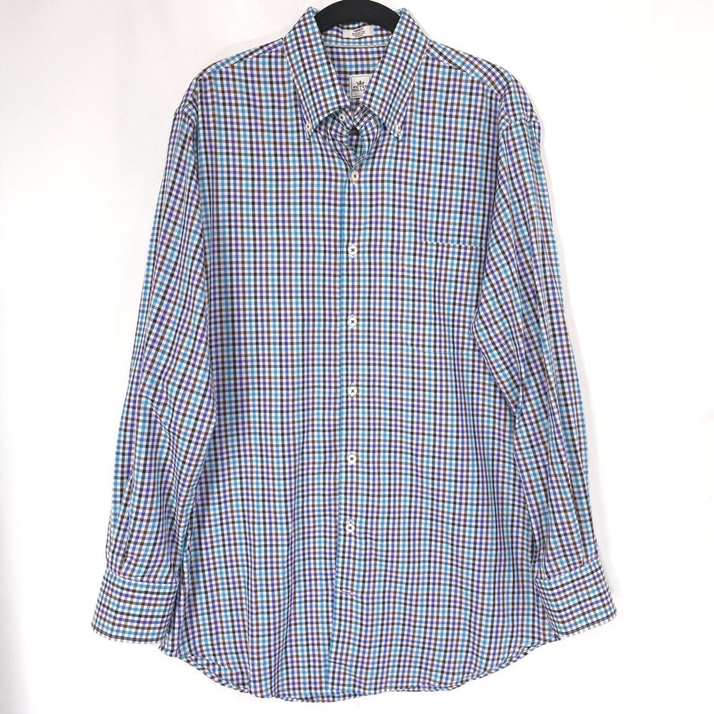 PETER MILLAR Men Button Down Shirt MEDIUM Plaid Blue Purple 100% Cotton